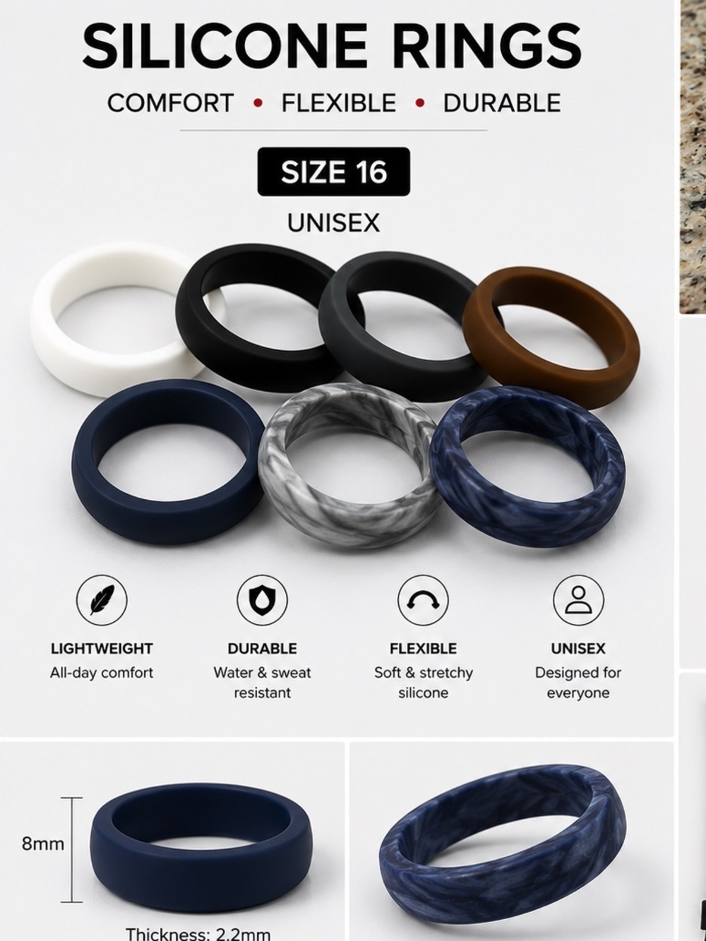7pc Size 16 Silicone Ring Set in White, Black, Brown, Navy & Marbled Blue